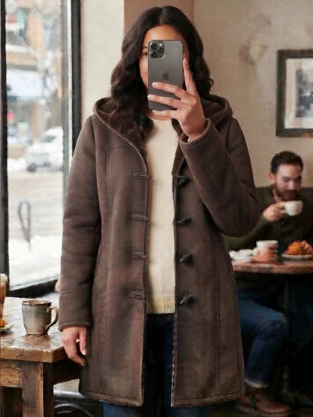 Liz Claiborne Faux Suede Hooded Shearling Coat Chocolate Brown Sz Medium